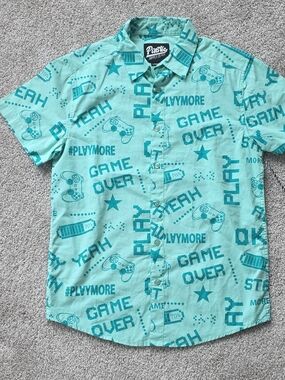 Teal Gamer Graphic Kids Button-Front Shirt